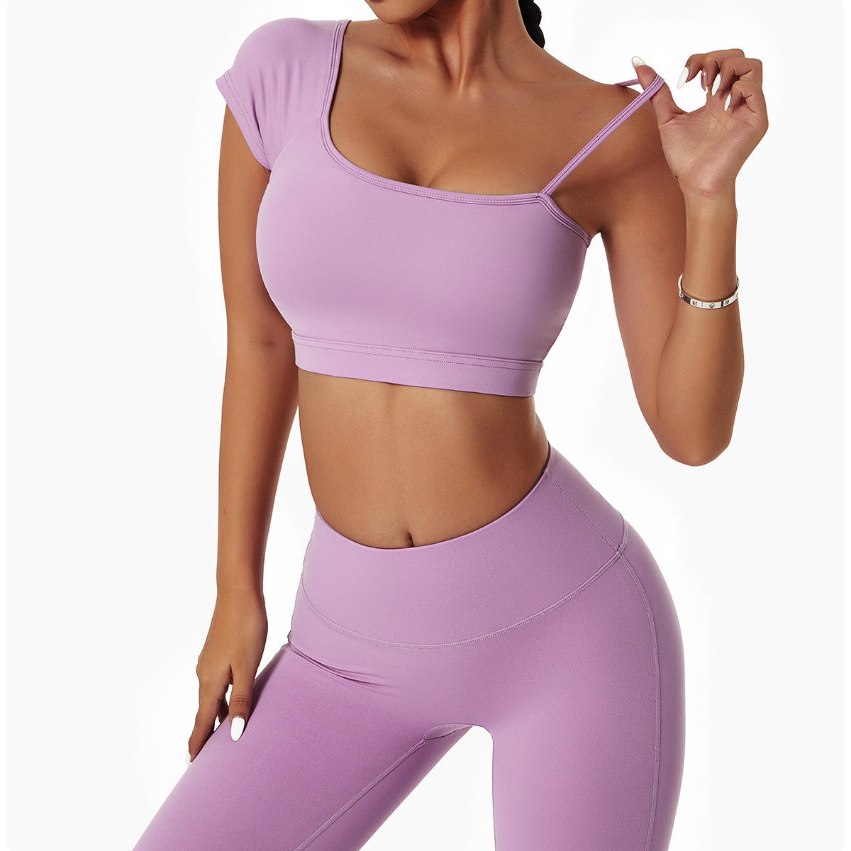 Fashion Sexy Outdoor Yoga Wear Diagonal Shoulder Leggings Running Naked Fitness Suit Tight Quick Drying Exercise Suit