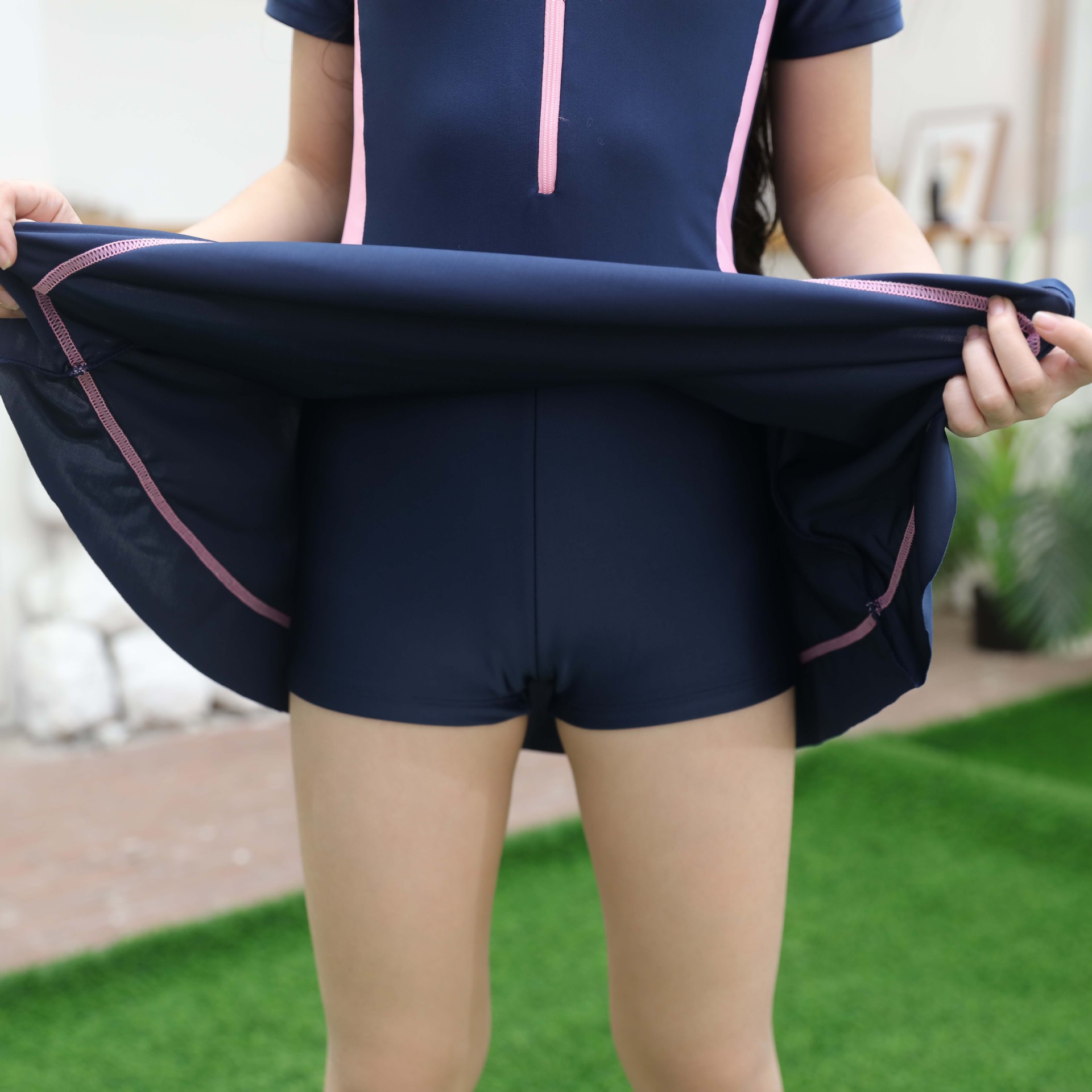 Wholesale Young Girls Swimdress 2-12 Children's One Piece Swimsuit Half Zipper Blank Printed Shorts Skirt Kids Swimwear