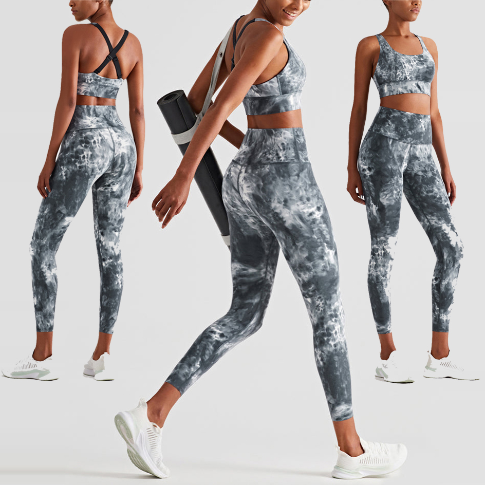 OEM High Quality Activewear Sets Women Breathable Gym Sets Fitness Tie Dye Printed Sports Bra Yoga Leggings Set 2022