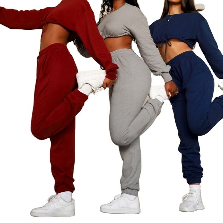 Fashion Factory Two Pieces Long Sleeve Crop Top Jogger Pants Gym Set Active Wear Exercise Running Sport Outfits