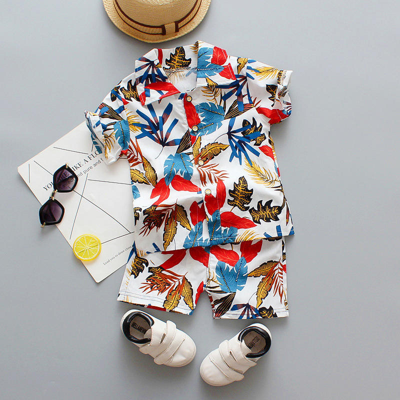 Summer Boy Clothes Outfit Set Toddler Baby Boys Clothing Hawaii Shirt Shorts Printed Flower Leaf Boy Set 1-5 Years Kids Suit
