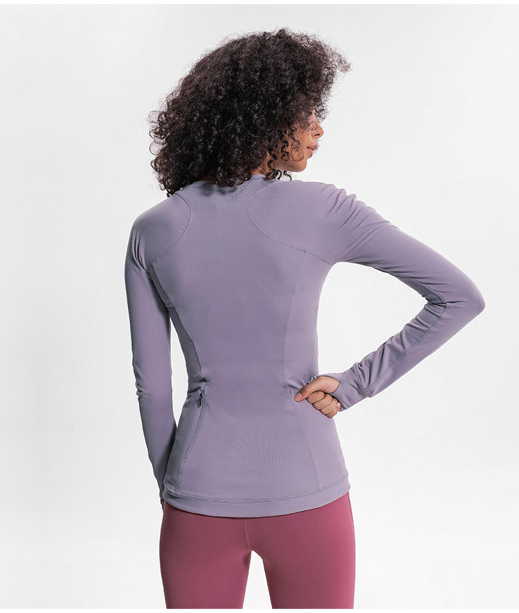 New Fashion Nylon Spandex Women's Top Fitness Long Sleeve Side Zipper Pocket Women's Shirt