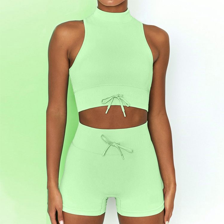 Wholesale Blank Color High Collar Sexy Tank Top Butt Lift Nylon Breathable Elastic Shorts Fitness Wear Gym Sports Yoga Sets