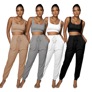 Custom Women Spring Sets Two Piece Set Spandex / Polyester Tracksuit Sportswear Waffle Tank Top&Camis Sweaterpants Ladies Suit