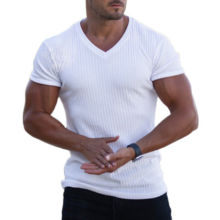 Hot Men's Summer Slim V-neck Sports And Fitness Breathable Solid Color Short Sleeve T-shirt Sweat