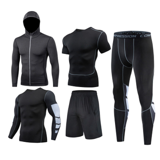 Yoga Hoodie Muscle T-shirt Tight Shorts Long Compression Legging 5 In 1 Tracksuit Gym Fitness Sets Sportswear For Men