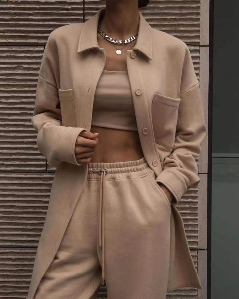 Custom LOGO Fashion Overcoat Outwear Women Suit Hoodie Coat Casual Set Women's Sweatpants Jacket Strapless Bra 3 Piece Sets