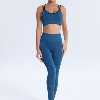 Seamless Patchwork Top Tummy Control Yoga Pants High Stretch Ribbed Street Wear Style Athletic Wear Womens Sets